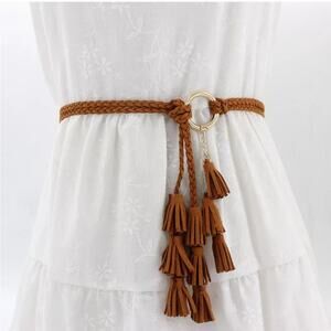 NEW brown faux vegan leather tassel Boho style braided rope belt accessory B18